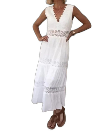 Elegant White Lace Maxi Dress for Women with V Neck Sleeveless Tiered Flowing Vacation Style