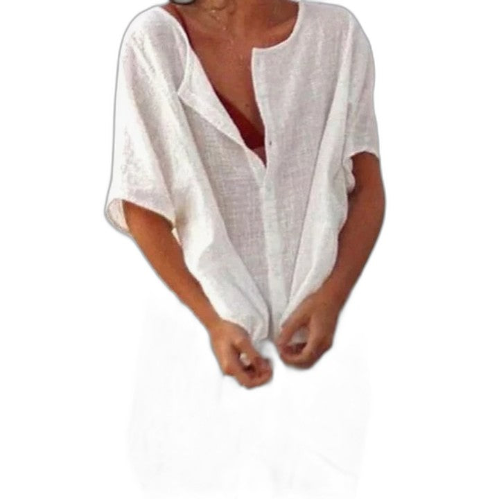 Elegant White Linen Mini Dress for Women with V Neck Short Sleeve Button Front Flowing Oversized Vacation Style