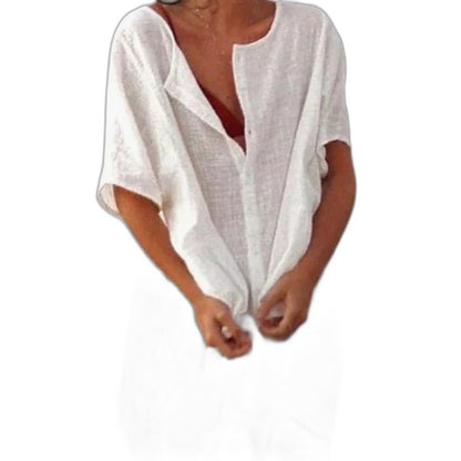 Elegant White Linen Mini Dress for Women with V Neck Short Sleeve Button Front Flowing Oversized Vacation Style