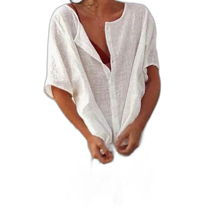 Elegant White Linen Mini Dress for Women with V Neck Short Sleeve Button Front Flowing Oversized Vacation Style