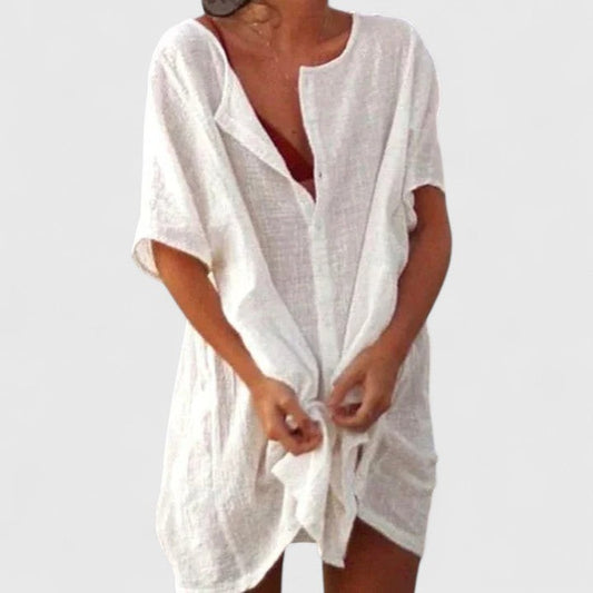 Elegant White Linen Mini Dress for Women with V Neck Short Sleeve Button Front Flowing Oversized Vacation Style