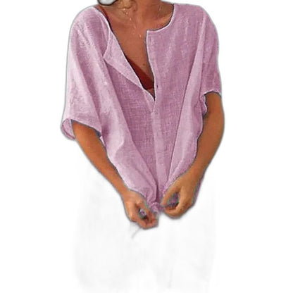 Elegant White Linen Mini Dress for Women with V Neck Short Sleeve Button Front Flowing Oversized Vacation Style