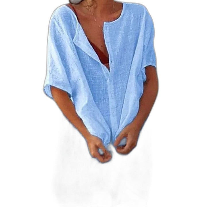 Elegant White Linen Mini Dress for Women with V Neck Short Sleeve Button Front Flowing Oversized Vacation Style