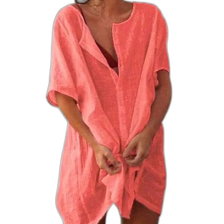 Elegant White Linen Mini Dress for Women with V Neck Short Sleeve Button Front Flowing Oversized Vacation Style