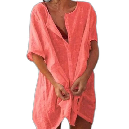 Elegant White Linen Mini Dress for Women with V Neck Short Sleeve Button Front Flowing Oversized Vacation Style