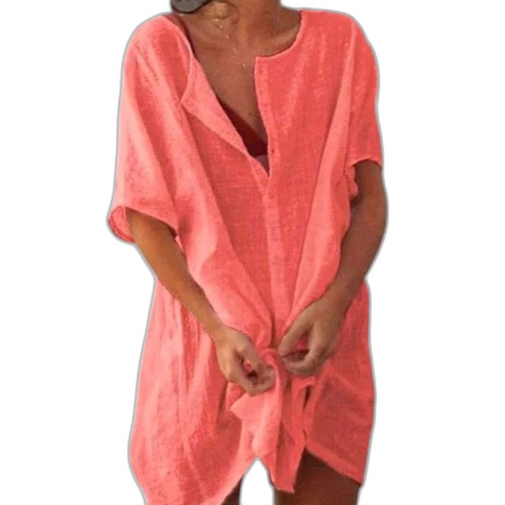 Elegant White Linen Mini Dress for Women with V Neck Short Sleeve Button Front Flowing Oversized Vacation Style