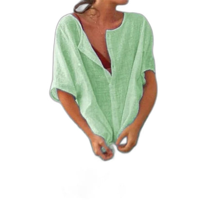 Elegant White Linen Mini Dress for Women with V Neck Short Sleeve Button Front Flowing Oversized Vacation Style