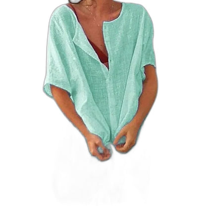 Elegant White Linen Mini Dress for Women with V Neck Short Sleeve Button Front Flowing Oversized Vacation Style