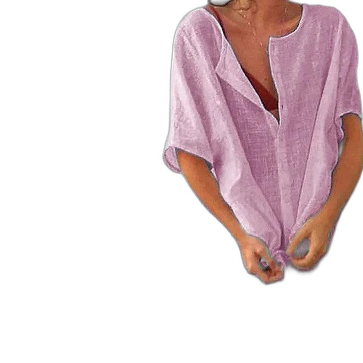 Elegant White Linen Mini Dress for Women with V Neck Short Sleeve Button Front Flowing Oversized Vacation Style