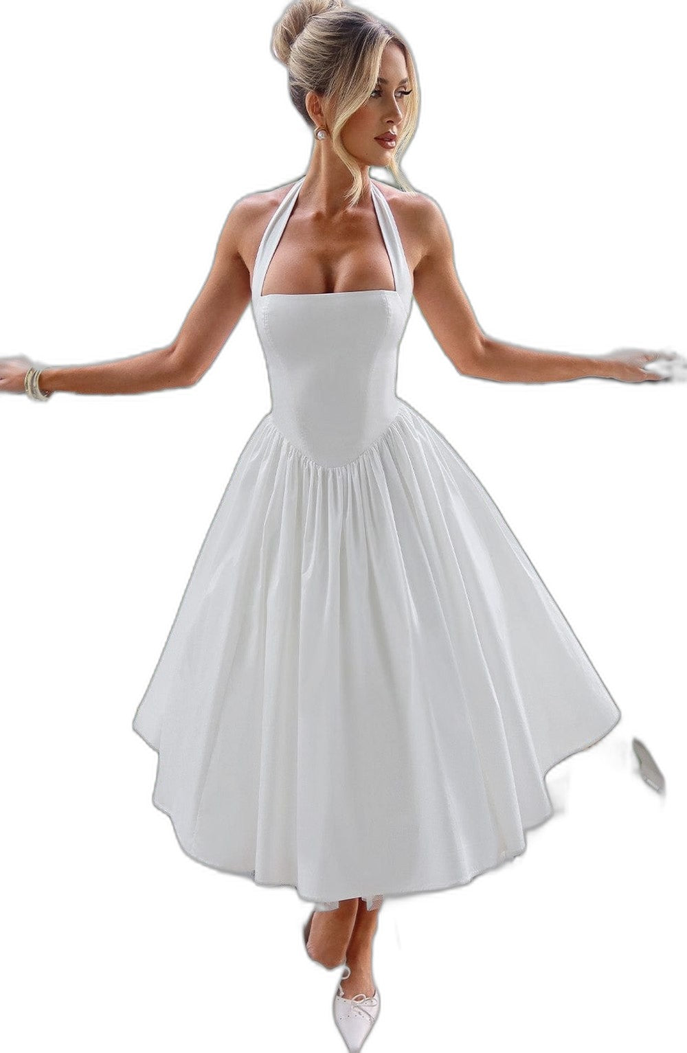 Elegant White Midi Dress for Women with Halter Sleeveless A Line Fit And Flare Cocktail Style