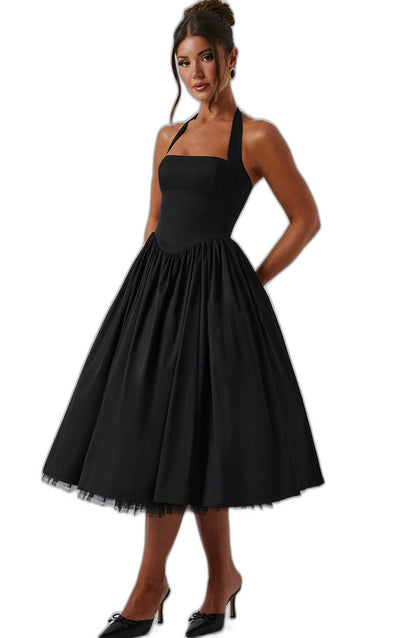 Elegant White Midi Dress for Women with Halter Sleeveless A Line Fit And Flare Cocktail Style