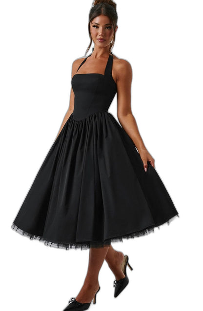 Elegant White Midi Dress for Women with Halter Sleeveless A Line Fit And Flare Cocktail Style