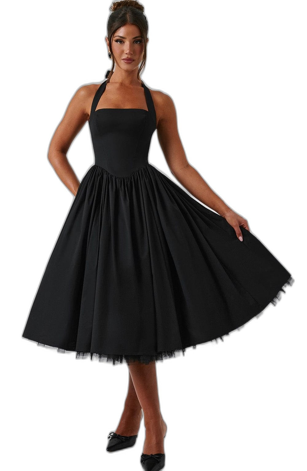 Elegant White Midi Dress for Women with Halter Sleeveless A Line Fit And Flare Cocktail Style