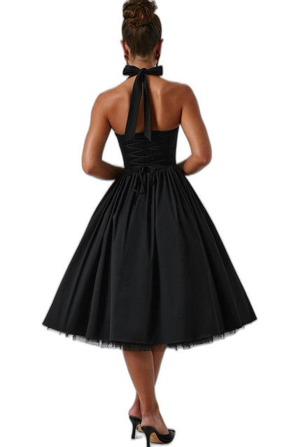 Elegant White Midi Dress for Women with Halter Sleeveless A Line Fit And Flare Cocktail Style