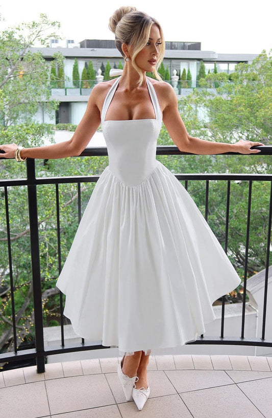 Elegant White Midi Dress for Women with Halter Sleeveless A Line Fit And Flare Cocktail Style