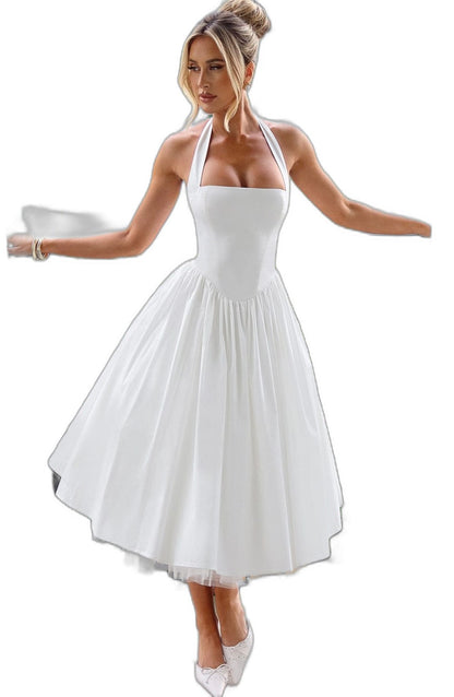 Elegant White Midi Dress for Women with Halter Sleeveless A Line Fit And Flare Cocktail Style