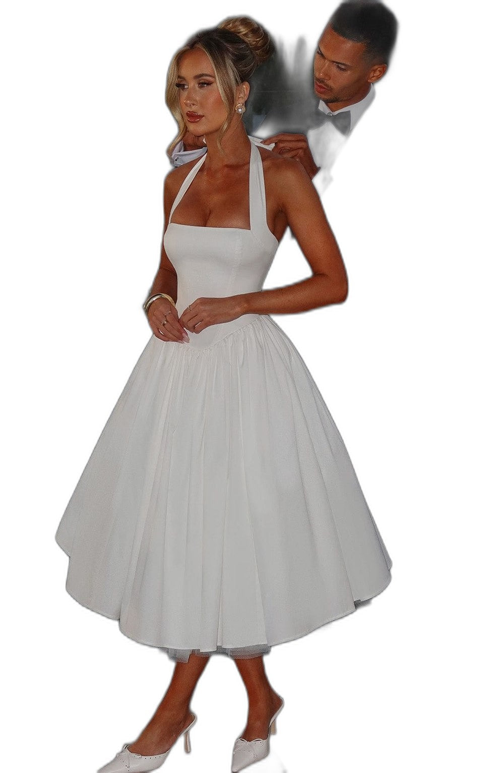 Elegant White Midi Dress for Women with Halter Sleeveless A Line Fit And Flare Cocktail Style