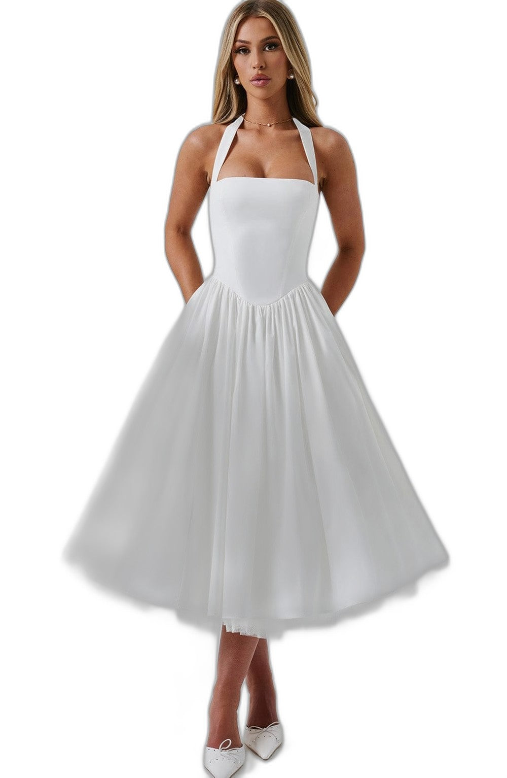 Elegant White Midi Dress for Women with Halter Sleeveless A Line Fit And Flare Cocktail Style