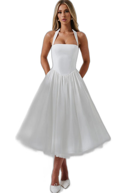 Elegant White Midi Dress for Women with Halter Sleeveless A Line Fit And Flare Cocktail Style