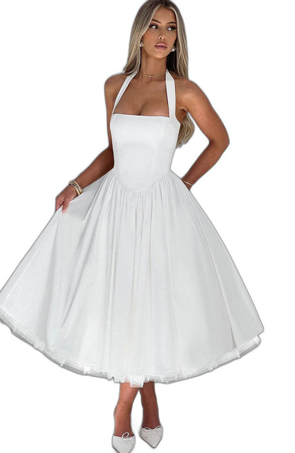 Elegant White Midi Dress for Women with Halter Sleeveless A Line Fit And Flare Cocktail Style