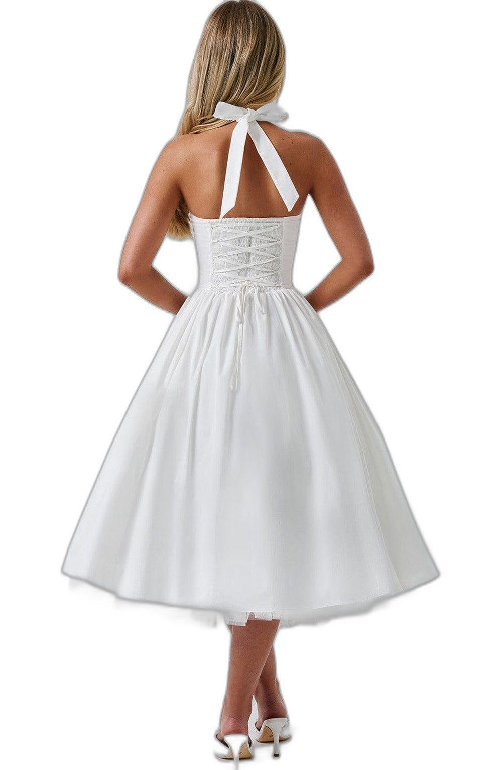 Elegant White Midi Dress for Women with Halter Sleeveless A Line Fit And Flare Cocktail Style