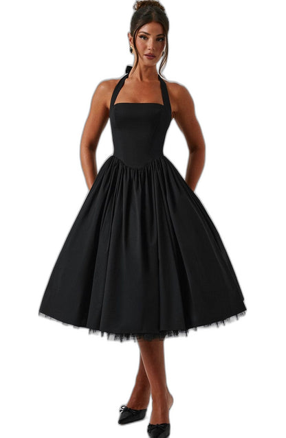 Elegant White Midi Dress for Women with Halter Sleeveless A Line Fit And Flare Cocktail Style