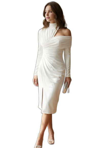 Elegant White Midi Dress for Women with One Shoulder Long Sleeve Bodycon Ruched Asymmetric Cocktail Style