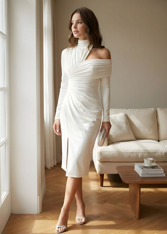 Elegant White Midi Dress for Women with One Shoulder Long Sleeve Bodycon Ruched Asymmetric Cocktail Style