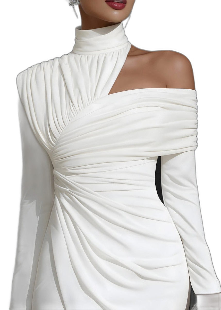 Elegant White Midi Dress for Women with One Shoulder Long Sleeve Bodycon Ruched Asymmetric Cocktail Style