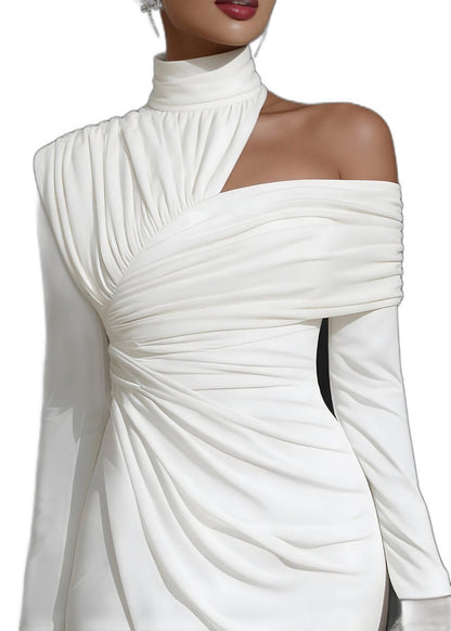 Elegant White Midi Dress for Women with One Shoulder Long Sleeve Bodycon Ruched Asymmetric Cocktail Style