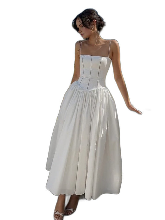 Elegant White Midi Dress for Women with Strapless Fit And Flare Formal Wedding Guest Style