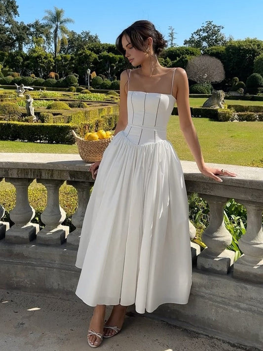 Elegant White Midi Dress for Women with Strapless Fit And Flare Formal Wedding Guest Style
