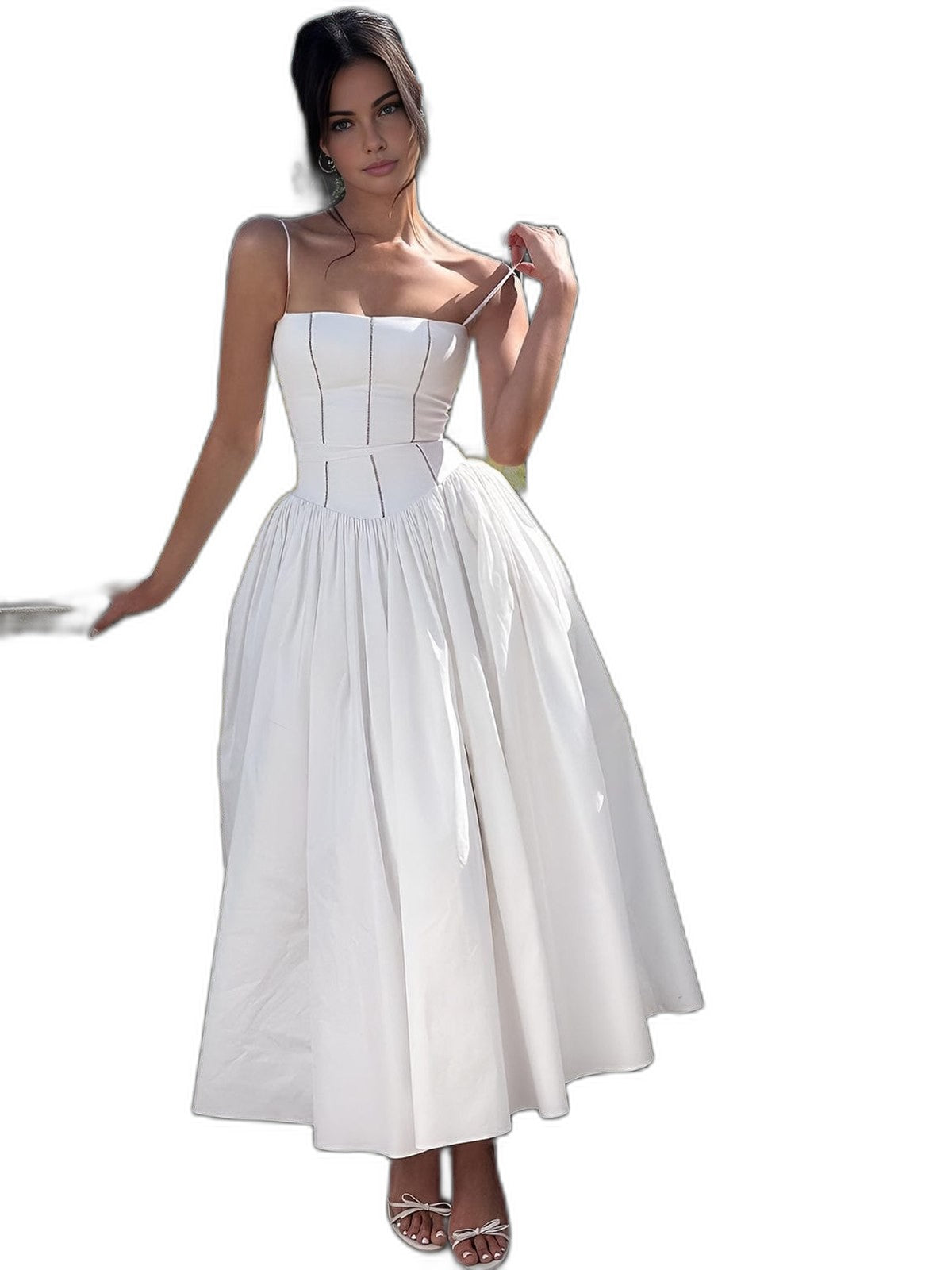 Elegant White Midi Dress for Women with Strapless Fit And Flare Formal Wedding Guest Style