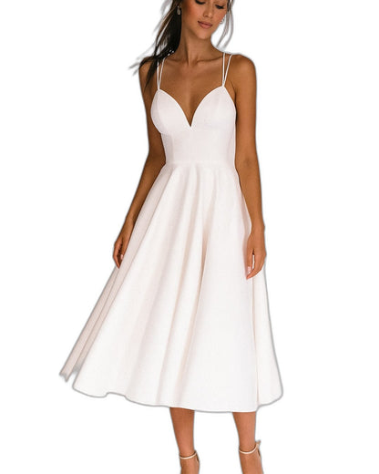 Elegant White Midi Dress for Women with Sweetheart Spaghetti Strap A Line Fit And Flare Cocktail Style