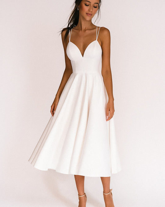Elegant White Midi Dress for Women with Sweetheart Spaghetti Strap A Line Fit And Flare Cocktail Style