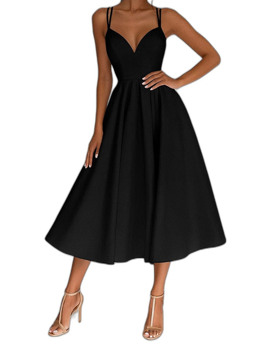 Elegant White Midi Dress for Women with Sweetheart Spaghetti Strap A Line Fit And Flare Cocktail Style