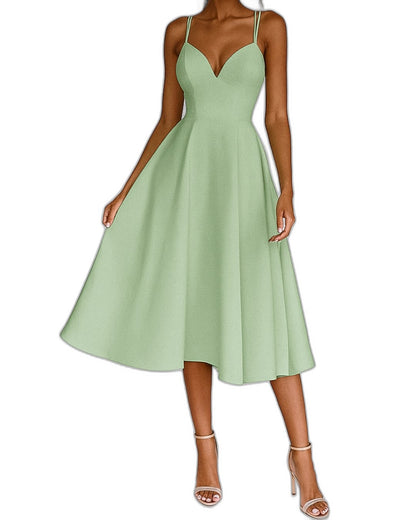 Elegant White Midi Dress for Women with Sweetheart Spaghetti Strap A Line Fit And Flare Cocktail Style
