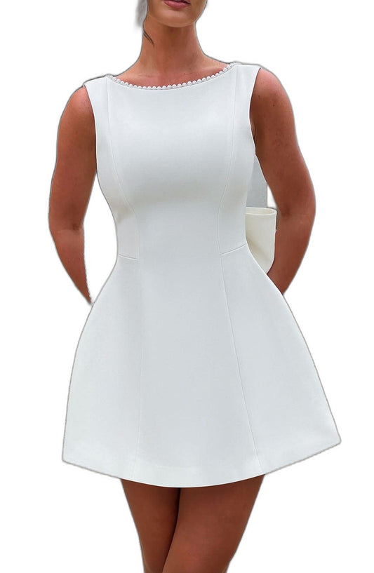 Elegant White Mini Dress for Women with Crew Neck Sleeveless A Line Fit And Flare Party Style
