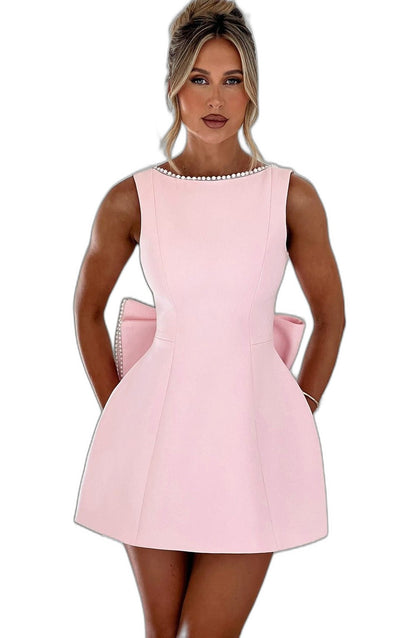 Elegant White Mini Dress for Women with Crew Neck Sleeveless A Line Fit And Flare Party Style
