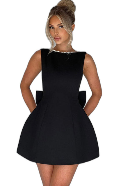 Elegant White Mini Dress for Women with Crew Neck Sleeveless A Line Fit And Flare Party Style