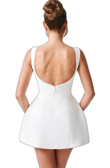 Elegant White Mini Dress for Women with Crew Neck Sleeveless A Line Fit And Flare Party Style
