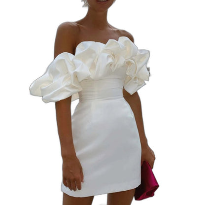 Elegant White Mini Dress for Women with One Shoulder Short Sleeve Bodycon Ruffle Cocktail Style