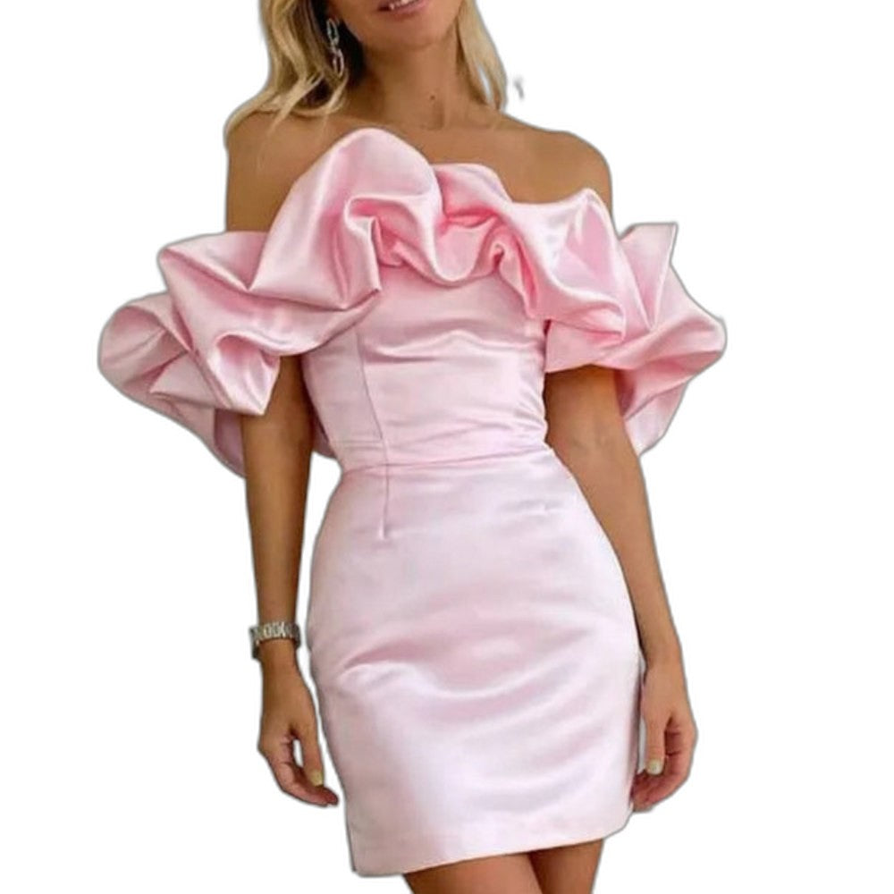 Elegant White Mini Dress for Women with One Shoulder Short Sleeve Bodycon Ruffle Cocktail Style