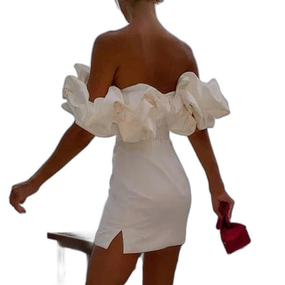 Elegant White Mini Dress for Women with One Shoulder Short Sleeve Bodycon Ruffle Cocktail Style