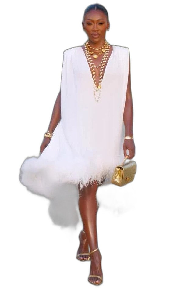 Elegant White Mini Dress for Women with Plunge Neck Sleeveless Straight Leg Fur Lined Party Style