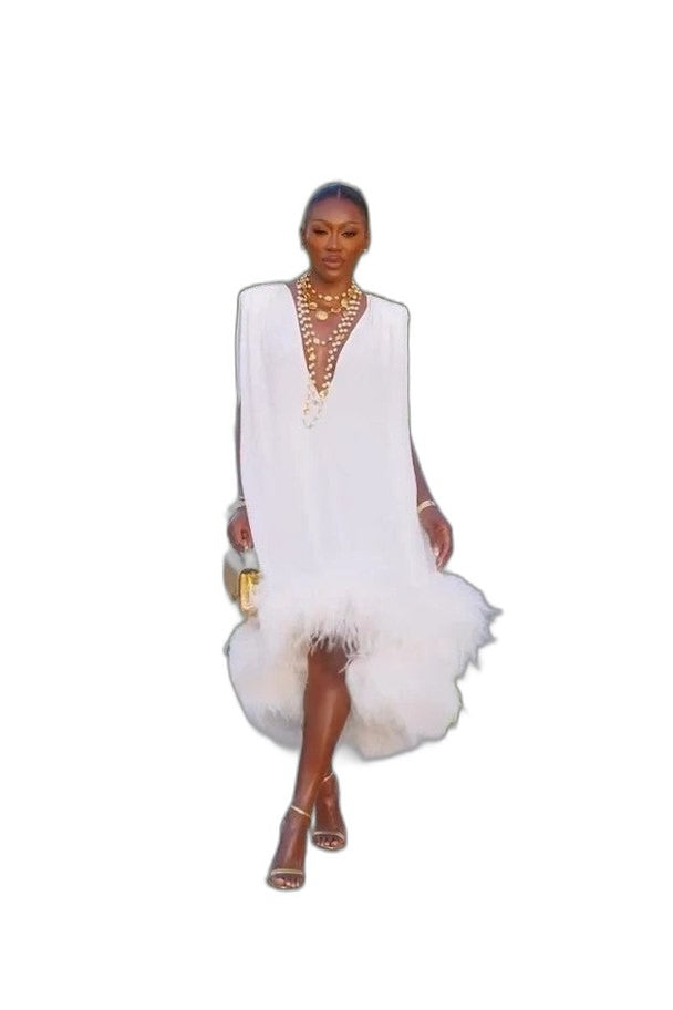 Elegant White Mini Dress for Women with Plunge Neck Sleeveless Straight Leg Fur Lined Party Style