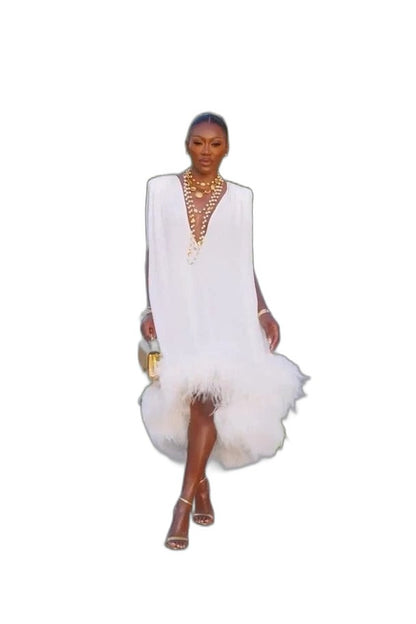 Elegant White Mini Dress for Women with Plunge Neck Sleeveless Straight Leg Fur Lined Party Style
