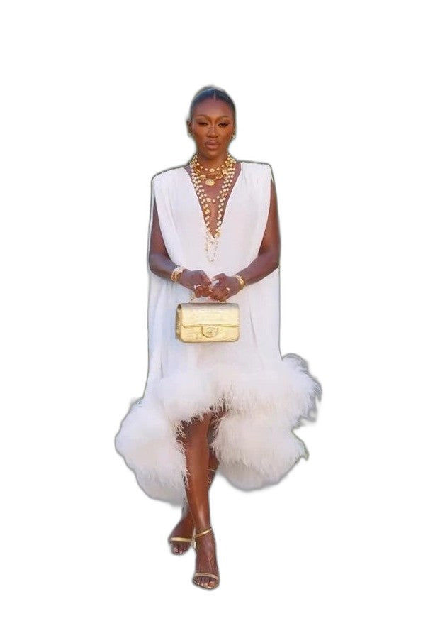 Elegant White Mini Dress for Women with Plunge Neck Sleeveless Straight Leg Fur Lined Party Style