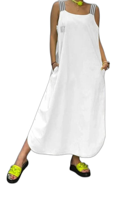 Elegant White Satin Maxi Dress for Women with Square Neck Sleeveless Flowing Pockets Vacation Style