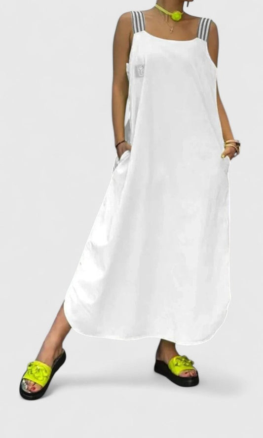 Elegant White Satin Maxi Dress for Women with Square Neck Sleeveless Flowing Pockets Vacation Style